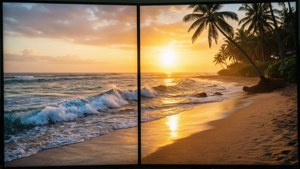 Un apus tropical de plajă pentru monitores duale. — 3840x1080 Fundal