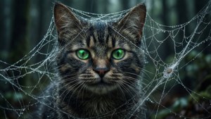 Pisica Cheshire prinsă într-o pânză de păianjen, cu ochi strălucitori. — Cheshire Cat Fundal