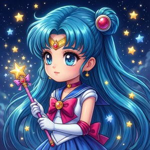 Chibi fată magică cu păr albastru și baghetă sub stele. — Pfp anime drăguț Fundal