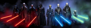 Wallpaper pentru două monitoare cu Lorzii Sith vs Cavalerii Jedi din Star Wars