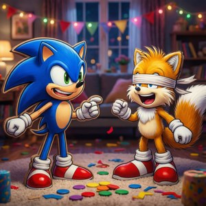 Sonic și Tails joacă un joc de petrecere cu un Eggman tăiat ca piñata, râdând. — Pixel Watch 3 Fundal