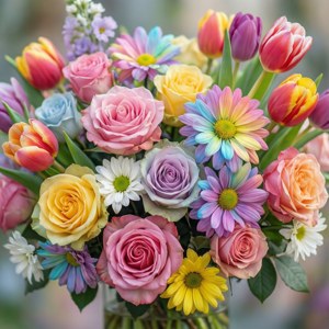 Un buchet floral pastel curcubeu, cu focalizare moale, perfect pentru wallpaper. — Pixel Watch 3 Fundal