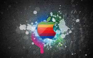 Fundal de ecran cool și colorat cu logo-ul Apple Macbook pe un perete gri cu stropi de vopsea