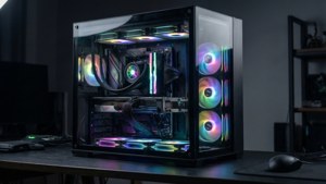 Un PC gaming minimalist de înaltă performanță, cu componente RGB luminoase. — GIF de gaming Fundal