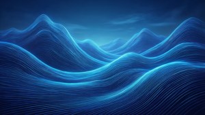 Artă digitală abstractă cu valuri neon albastre conturând un peisaj montan. — Albastru neon estetic Fundal