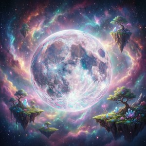 O lună de cristal într-o galaxie pastelată cu insule plutitoare.