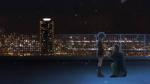 Peisaj școlar anime cu Yuki Nagato și Kyon pe acoperiș noaptea