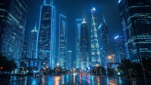 Silueta unui oraș futurist strălucind cu lumini neon albastre — Albastru neon Fundal