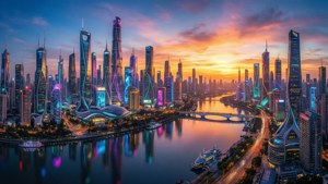 Tapet ultra-wide cu un oraș futurist la apus și reflexii neon.