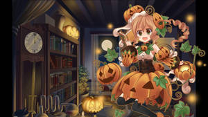 Personaj de desen animat de Halloween purtând o rochie de dovleac – fundal