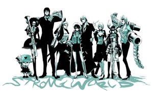 Personaje One Piece în costume cu umbre care scriu „Strong World” wallpaper.