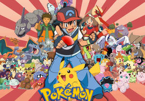 Personaje Pokemon cu Ash, Brock, Misty, Pikachu și alți Pokemon.
