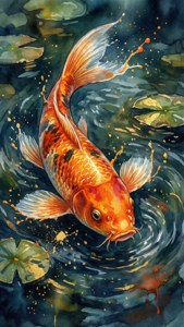 Fundal artistic cu pesti koi in acuarela pentru iPhone Xs.