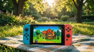 Tapet liniștit cu un Nintendo Switch într-o grădină, pe care se joacă Stardew Valley