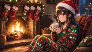 Două fete anime în pijamale, stând lângă un șemineu și bând cacao.