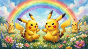 Acuarelă drăguță cu Pikachu jucându-se într-un câmp cu flori și un curcubeu. — Nintendo Fundal