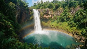O cascadă tropicală ultrawide impresionantă, cu curcubeu și piscină limpede.