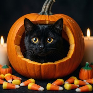 O pisică neagră adorabilă care se uită dintr-un dovleac de Halloween cu boabe de porumb zaharat. — Drăguț de Halloween Fundal