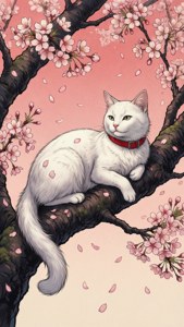 O pisică elegantă odihnindu-se pe o ramură de sakura — Pisică anime Fundal
