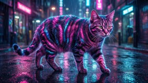 O pisică cu dungi neon care merge într-un oraș cyberpunk. — Pisică Fundal