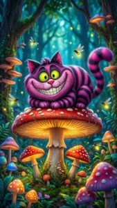 Pisica Cheshire capricioasă pe o ciupercă într-o pădure colorată cu licurici. — Cheshire Cat Fundal