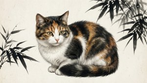 Pisică calico în stilul picturii în tuș chinesc