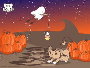Pisica Kawaii care se întinde de Halloween — Kawaii halloween Fundal