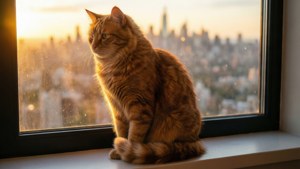 O pisică roșcată, conturată în siluetă, în fața unui apus auriu peste oraș. — Pisică Fundal