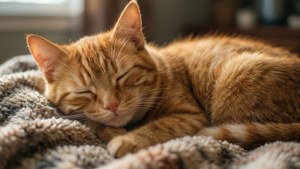 O fotografie emoționantă cu o pisică adormită pe o păturiță, ideală pentru iubitorii de animale.