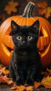 Pisică neagră drăguță cu ochi străluciți lângă un dovleac și frunze — Atmosferă de Halloween Fundal