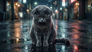 O pisică gri și singuratică în ploaie — Pisică anime Fundal