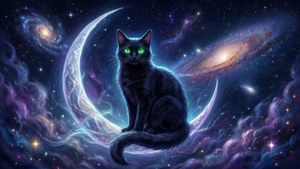 O pisică neagră mistică pe o lună în creștere — Pisică anime Fundal