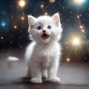 Pisoi alb adorabil cu fundal de stele