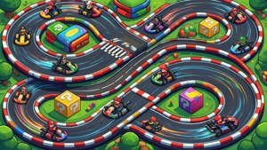 Vedere izometrică a unei piste Mario Kart cu karturi în cursă. — Nintendo Fundal