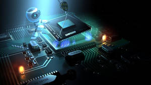 Robot care ține microcip în placa de bază a computerului wallpaper