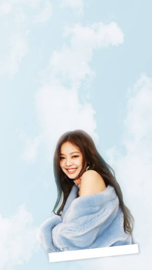 Wallpaper Blackpink cu Jennie în haină de blană albastră pe fundal cer albastru