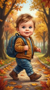 Un bebeluș cartoon plimbându-se într-un parc toamna — iPhone 5 Fundal