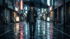 Un băiat anime trist merge singur pe o stradă ploioasă a orașului noaptea, udându-se leoarcă. imagine de fundal