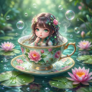 Fond de ecran cu o fetiță anime chibi într-o ceștică pe un iaz. — Pixel Watch 4 Fundal