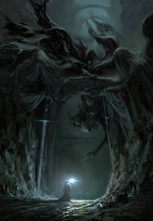 Poarta peșterii întunecate păzită de dragon negru înfricoșător wallpaper — OnePlus Pad 4 Fundal
