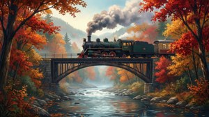 O scenă anime nostalgică de toamnă cu un tren traversând un pod. — Peisaj anime GIF Fundal