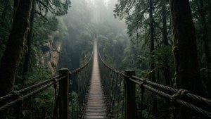 O pădură întunecată cu un pod suspendat deasupra unei prăpastii cețoase, scenă aventuroasă. — Pădure întunecată Fundal
