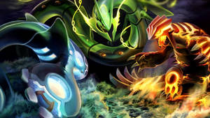 Fond de ecran cu lupta trio-ului legendar Pokemon.