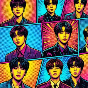 BTS în stil pop art comic, culori îndrăznețe. — Pixel Watch 3 Fundal