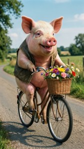 Un fundal vesel cu un porc care pedalează prin peisajul rural printre flori. — Porc drăguț GIF Fundal