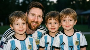 Messi alături de fii săi, îmbrăcați în tricourile Argentinei.