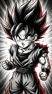 Un portret stilizat de erou manga, cu linii de viteză și accente roșii, evocând energia iconică shonen. — Manga GIF Fundal