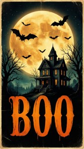 Poster retro cu lună, lilieci, casă bântuită și textul BOO — Atmosferă de Halloween Fundal