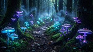 O potecă sinuosă prin pădure întunecată, cu ciuperci luminescente și lumină bioluminescentă. — Pădure întunecată Fundal