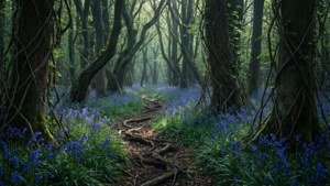 O potecă întunecată de pădure cu albăstrele și lumină filtrată, o scenă magică de primăvară. — Pădure întunecată Fundal